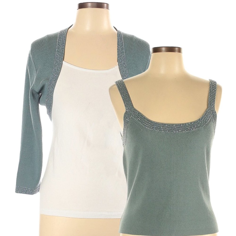 2-PC Carmen Marc Valvo Bamboo Scoop Beaded Embellished Tank & Shrug Blue